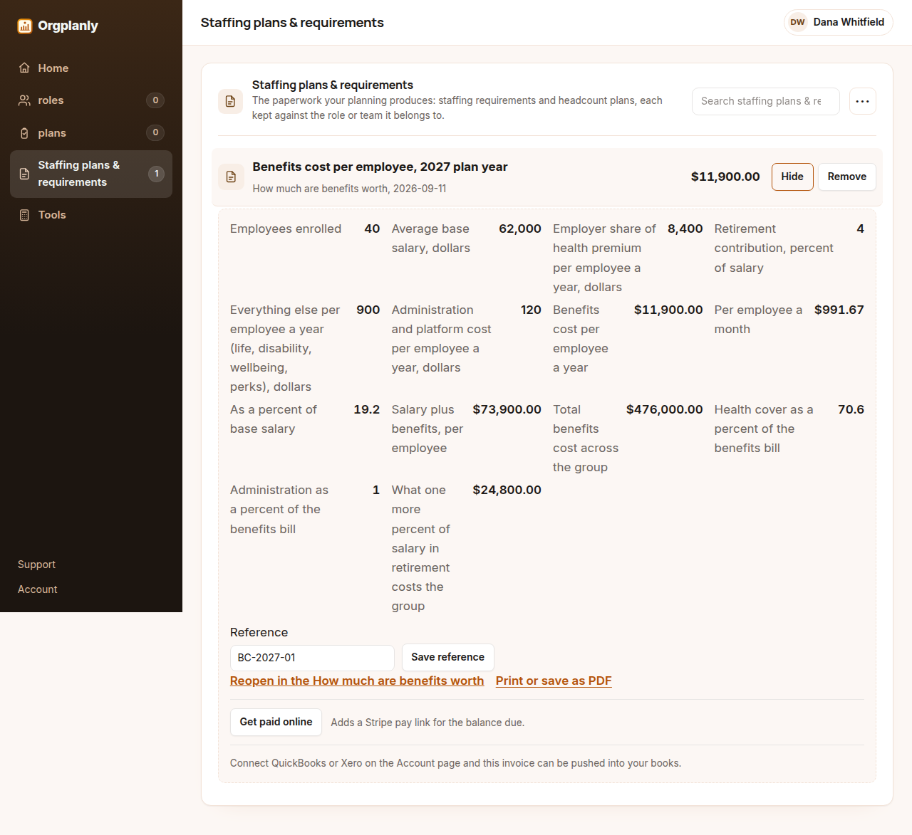 The How much are benefits worth worksheet worked on the page in Orgplanly, the six inputs on the left and the cost per employee, its share of salary and the group total beside them