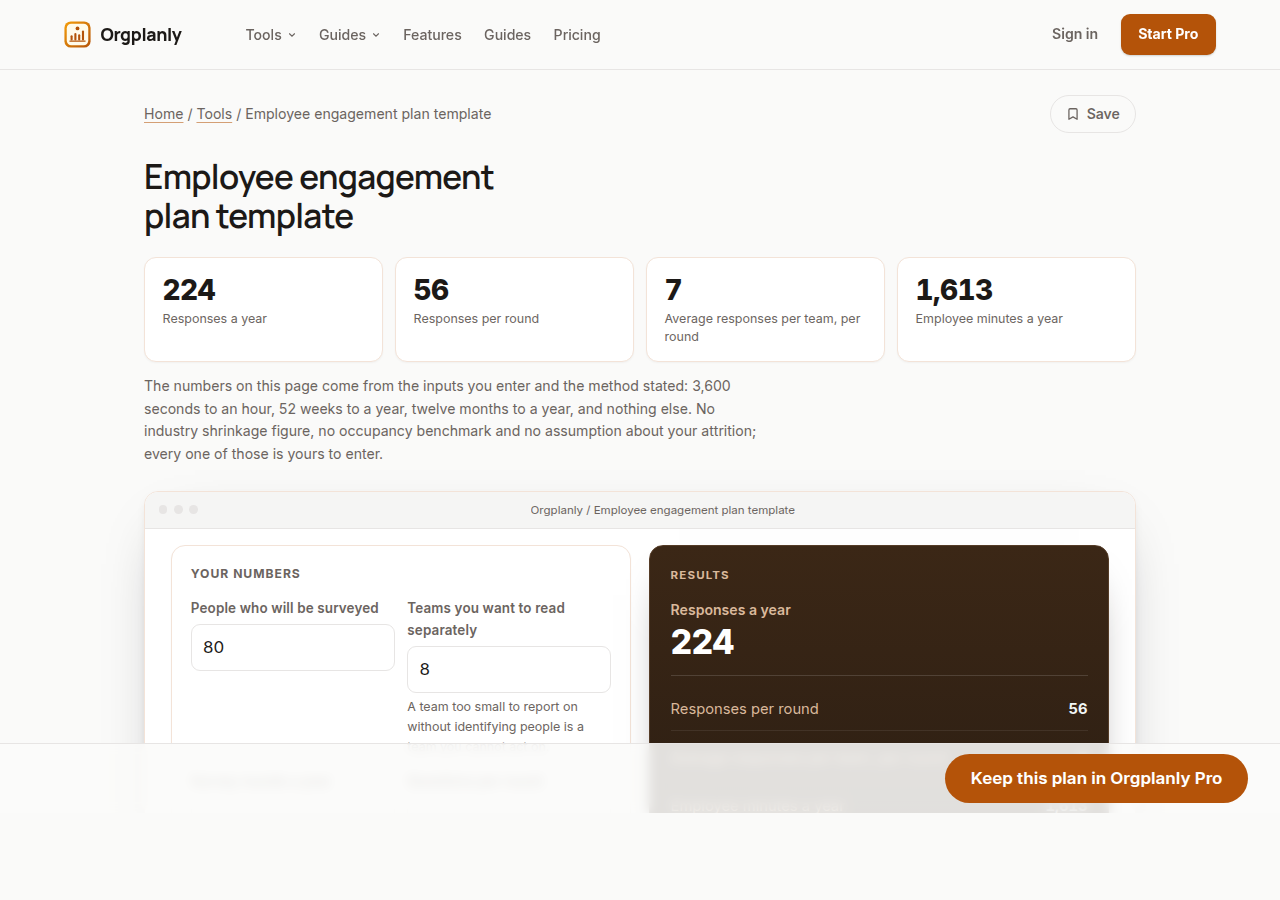 The Employee engagement plan template worked on the page in Orgplanly, inputs on the left and the result beside them