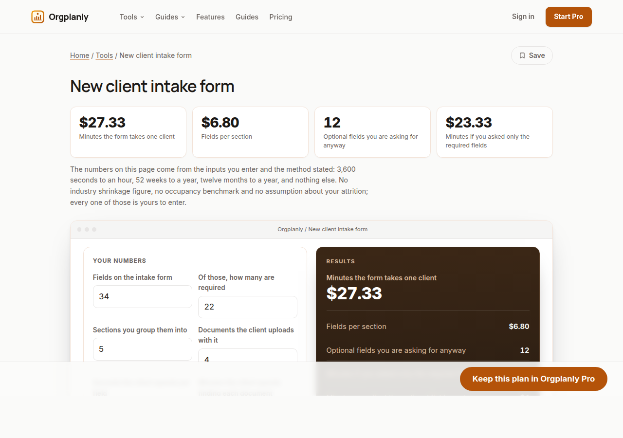 The New client intake form worked on the page in Orgplanly, inputs on the left and the result beside them